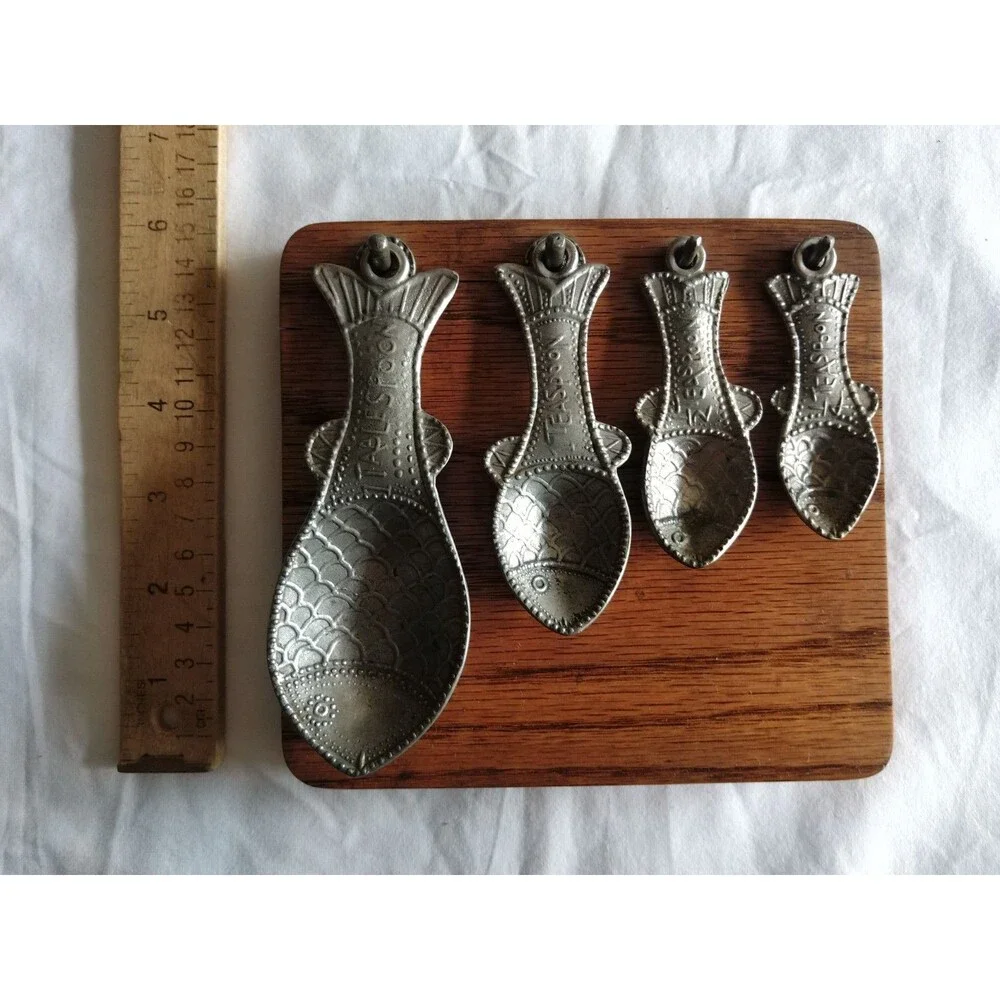 Pewter Fish Shaped Measuring Spoons Set Wood Wall Mount  1Tablespoon-1/4Teaspoon